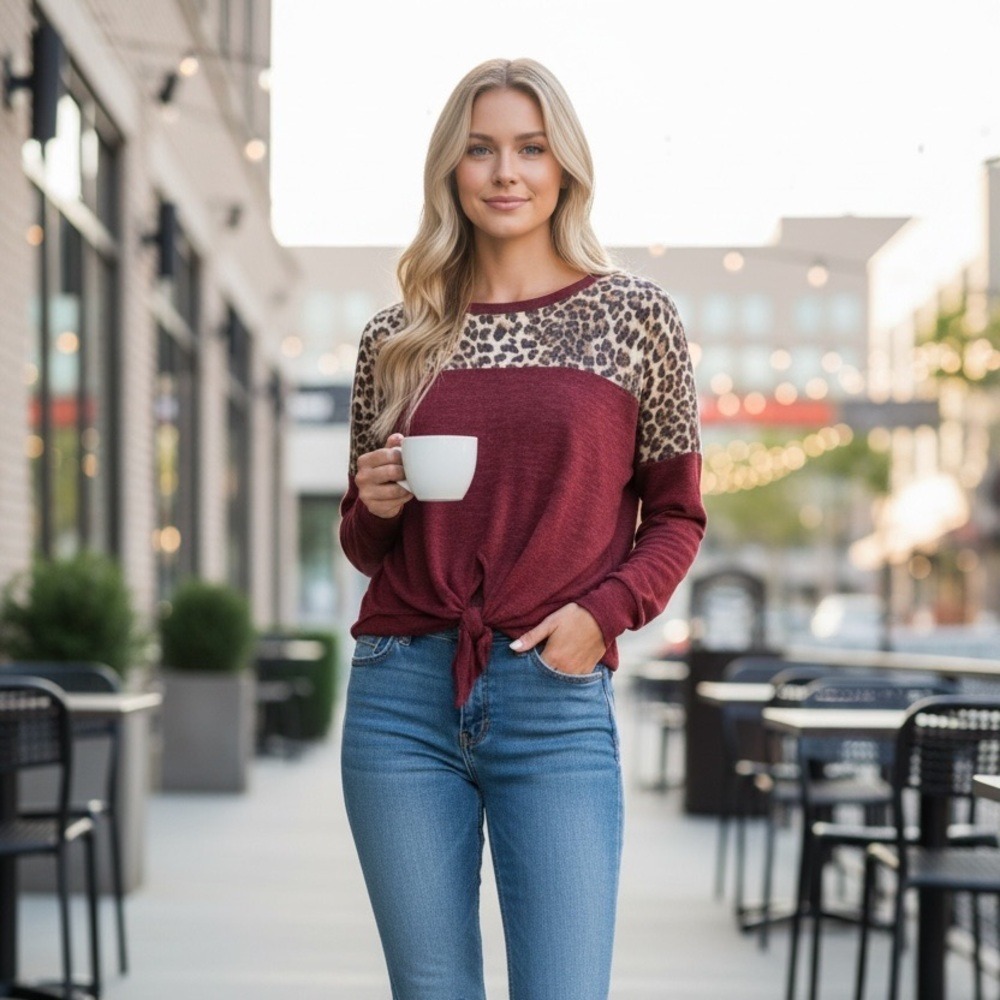Chic‎ Burgundy and Leopard Print Women's Sweater